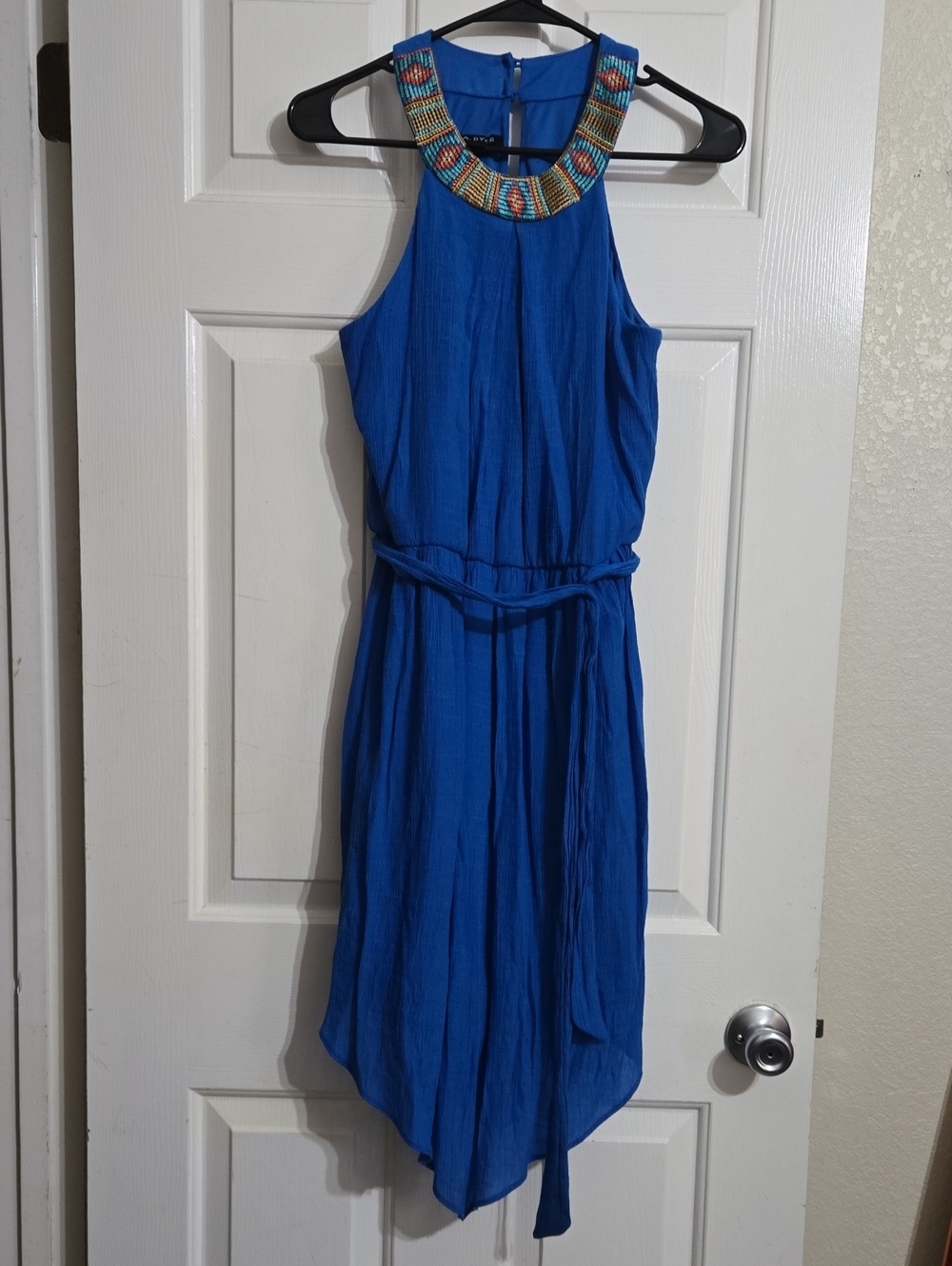 A. Byer Cobalt Blue Sleeveless Midi Dress with Embroidered Collar